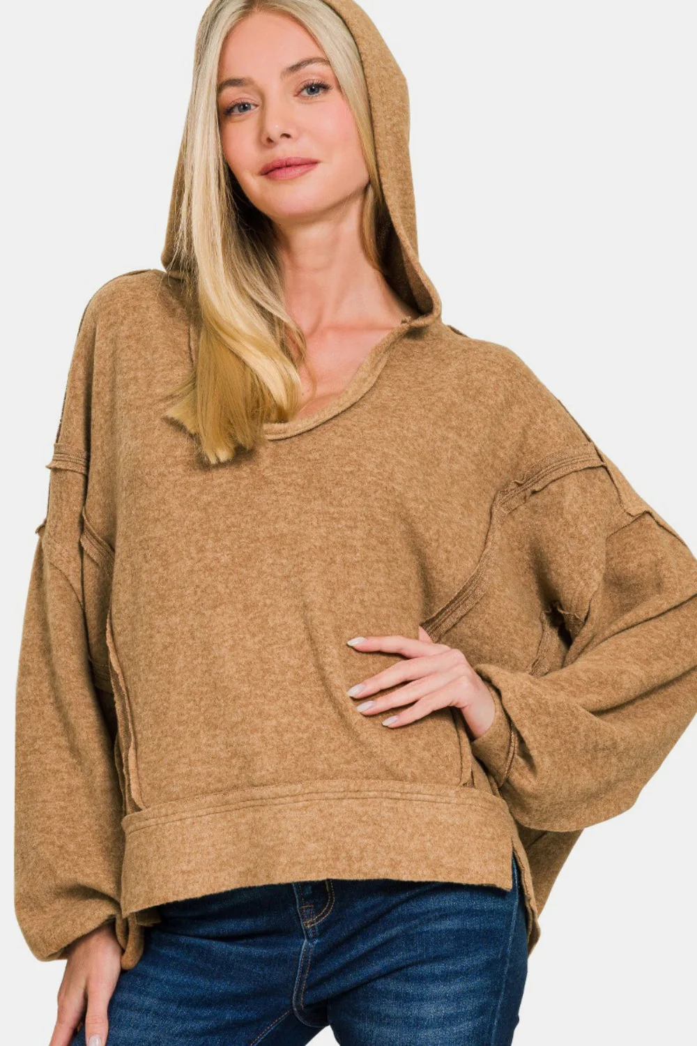Elda | Zenana brushed Hacci hoodie with exposed seams - Image 3
