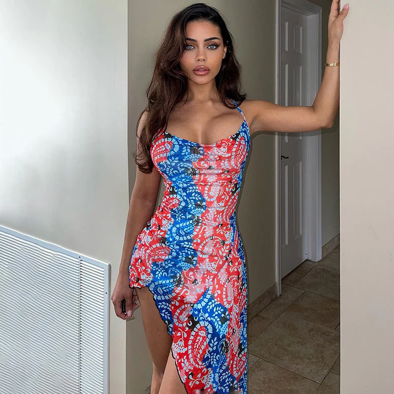 Elena® | Women'S Asymmetrical Summer Dress With Floral Pattern And Spaghetti Straps