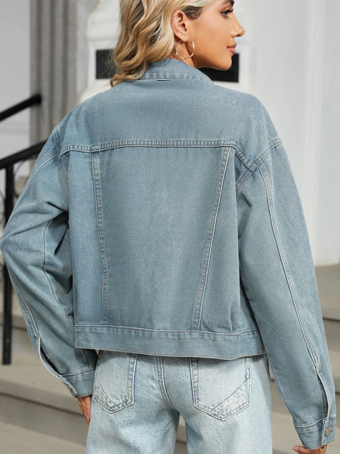 Eliana | Long-sleeved denim jacket with button placket and rhinestone and pearl trim - Image 2