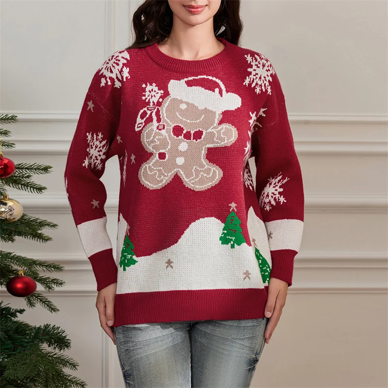 Elin | Warm women's knitted sweater with a snowflake gingerbread print and a crew neck