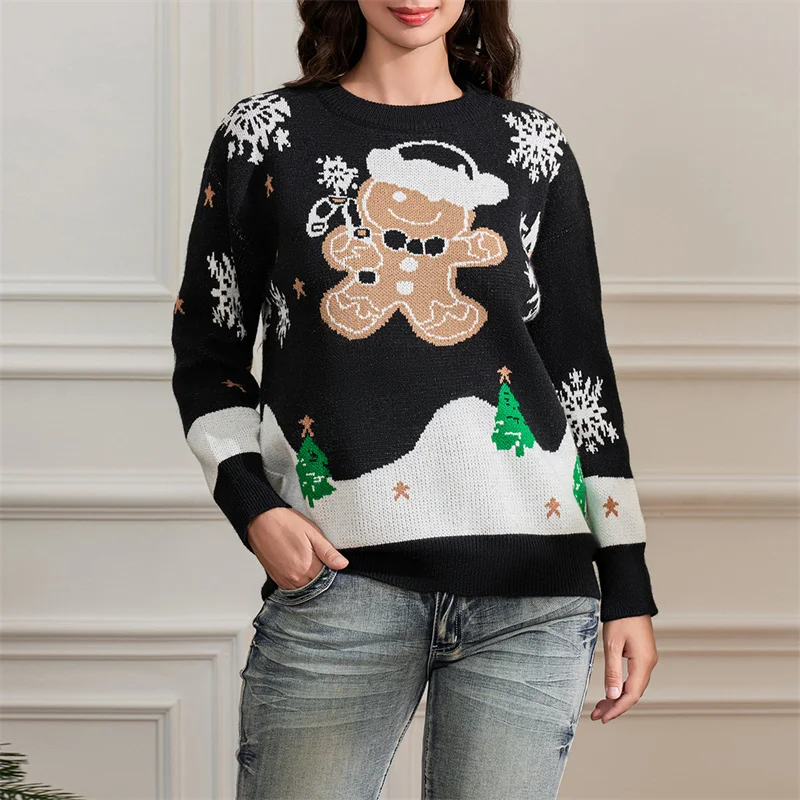 Elin | Warm women's knitted sweater with a snowflake gingerbread print and a crew neck - Image 2