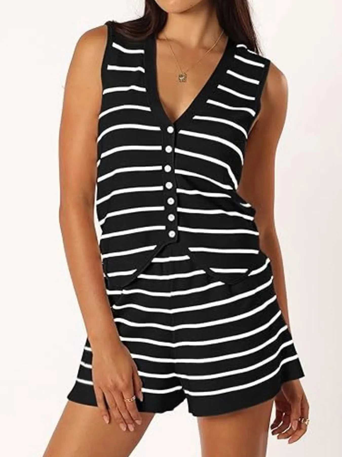Elisa® | Casual Button-Down Striped Vest And Shorts Set