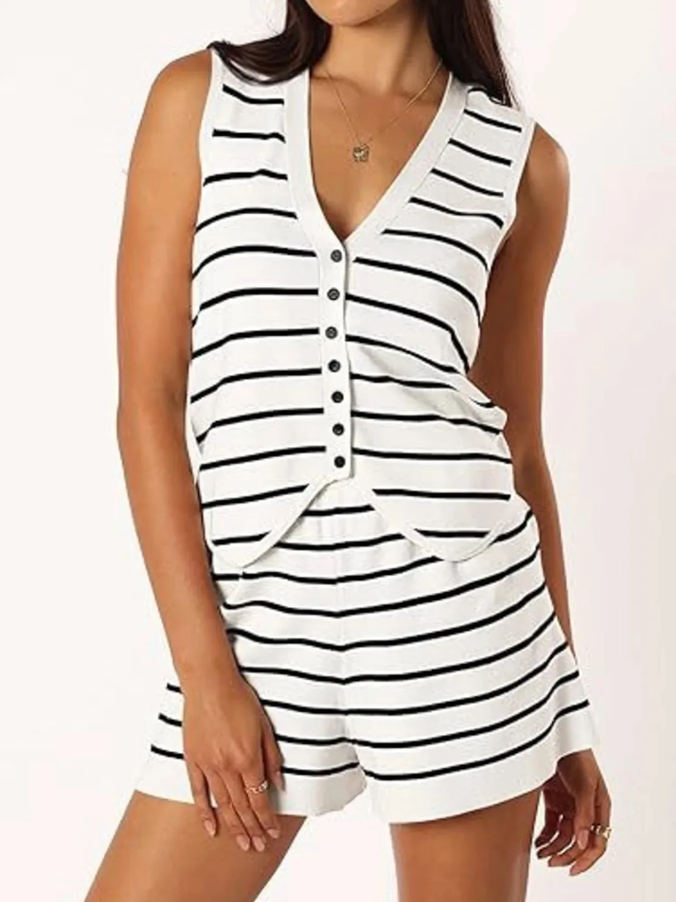 Elisa® | Casual Button-Down Striped Vest And Shorts Set - Image 3