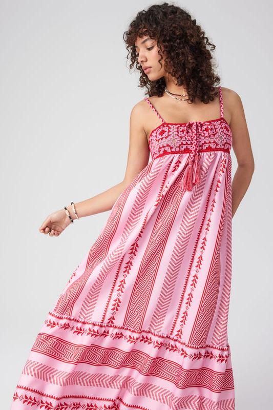 Elisa® | Printed Embroidered Camisole Midi Dress With Lace-Up Detail - Image 3