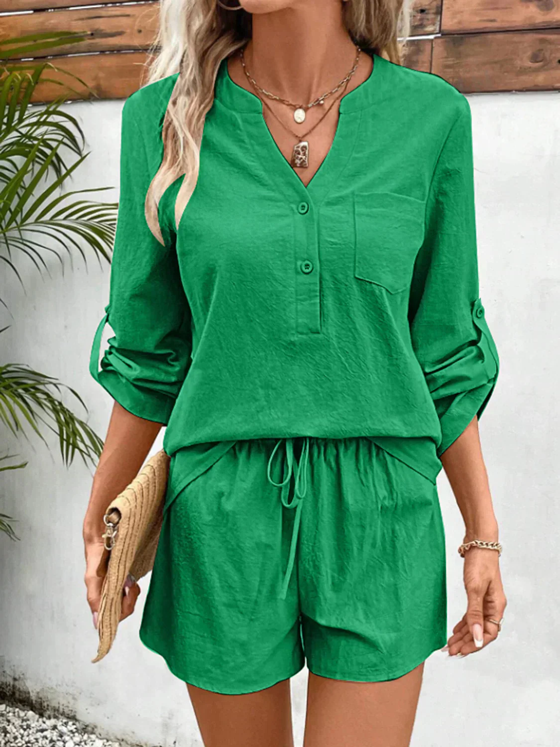 Ella® | Elegant V-Neck Long-Sleeved Top And Shorts Set - Image 3