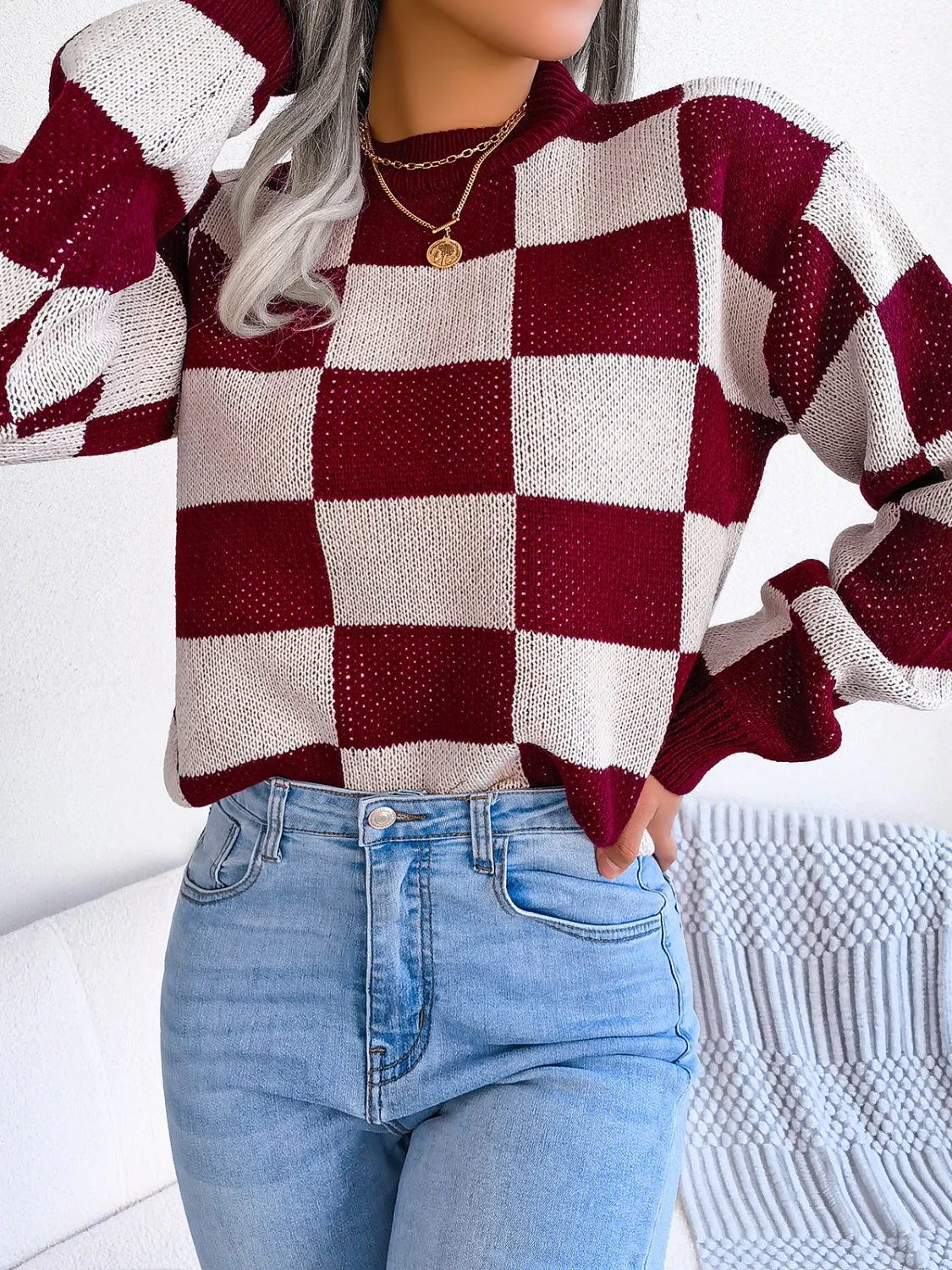 Elsa | Checked long-sleeved sweater with stand-up collar - Image 14