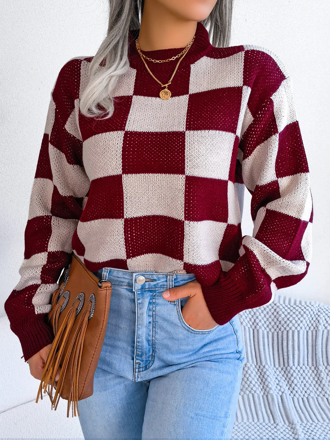 Elsa | Checked long-sleeved sweater with stand-up collar - Image 16