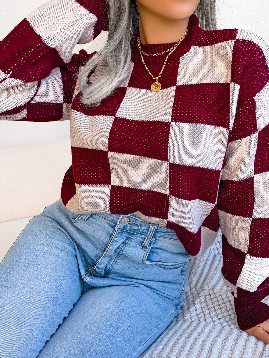 Elsa | Checked long-sleeved sweater with stand-up collar - Image 17