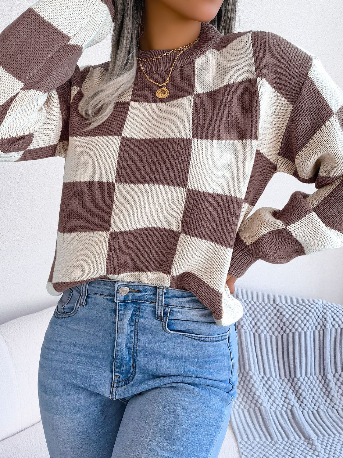 Elsa | Checked long-sleeved sweater with stand-up collar - Image 19