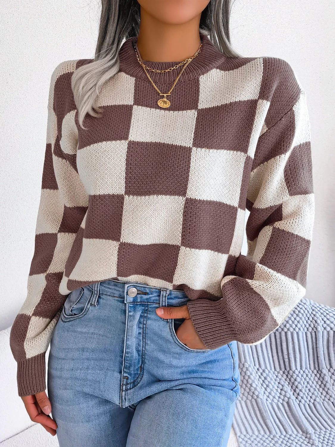 Elsa | Checked long-sleeved sweater with stand-up collar - Image 20