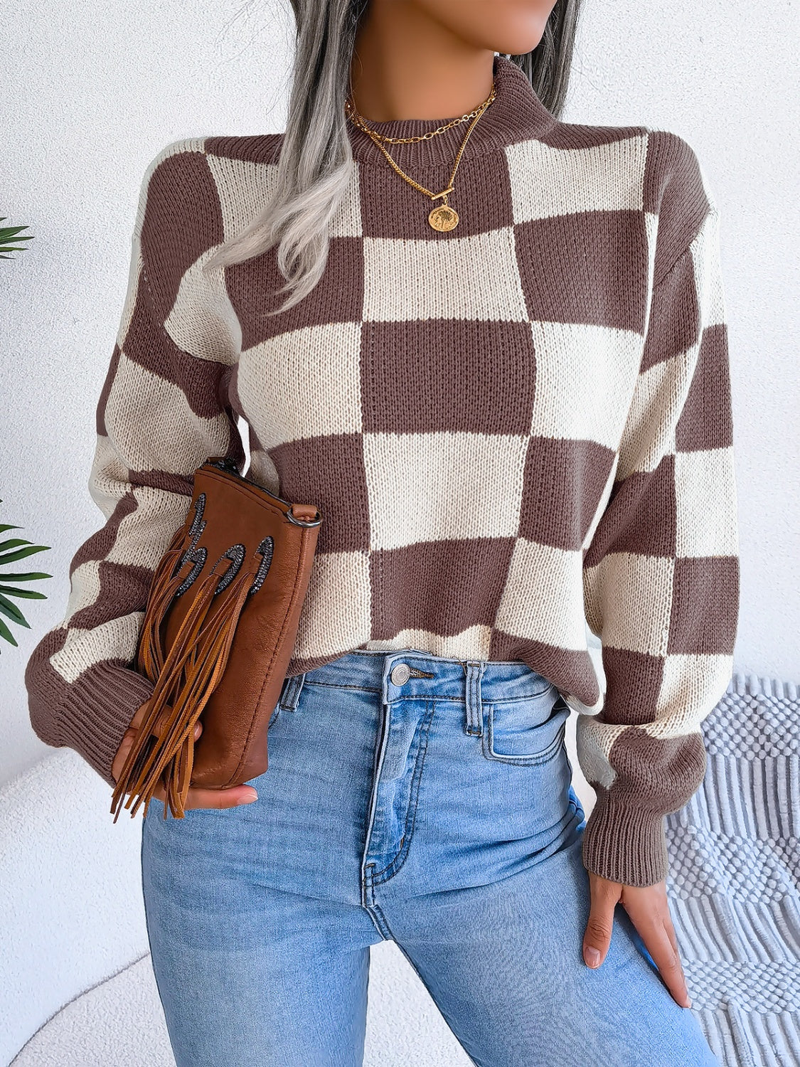 Elsa | Checked long-sleeved sweater with stand-up collar - Image 21