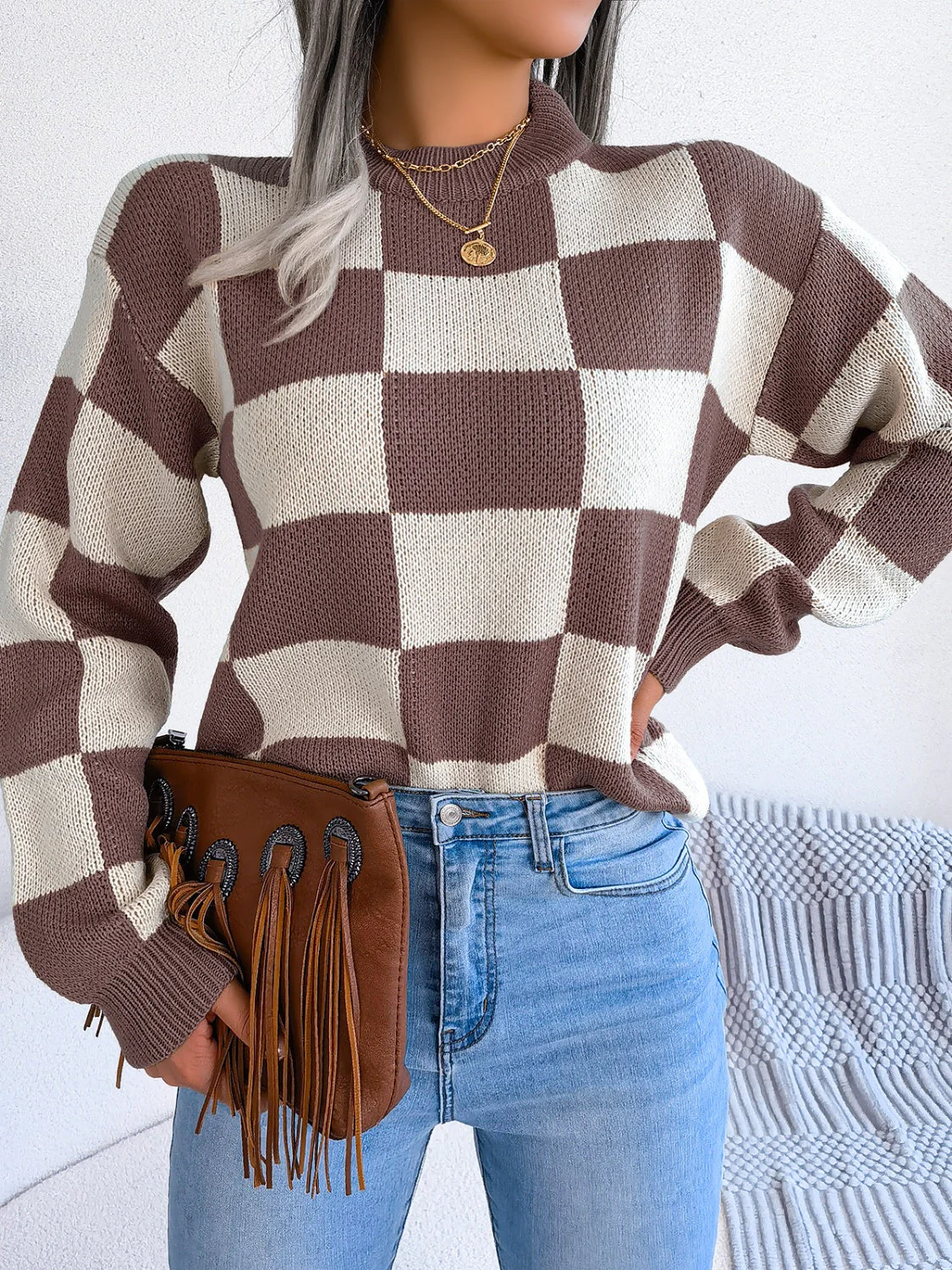 Elsa | Checked long-sleeved sweater with stand-up collar - Image 22