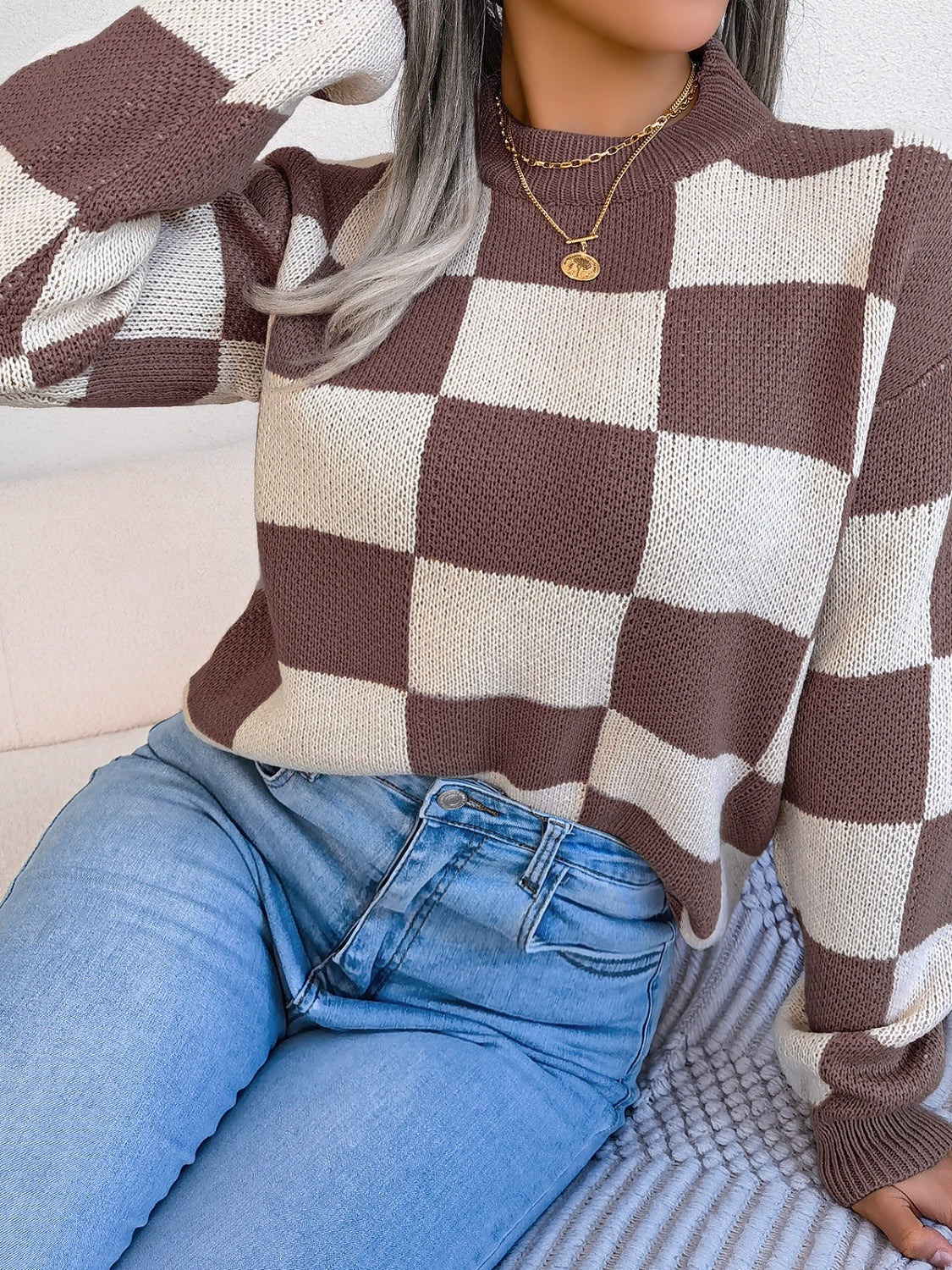 Elsa | Checked long-sleeved sweater with stand-up collar - Image 24