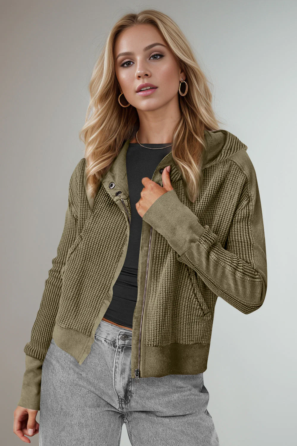 Elsa | Double Take waffle knit long sleeve zip hoodie