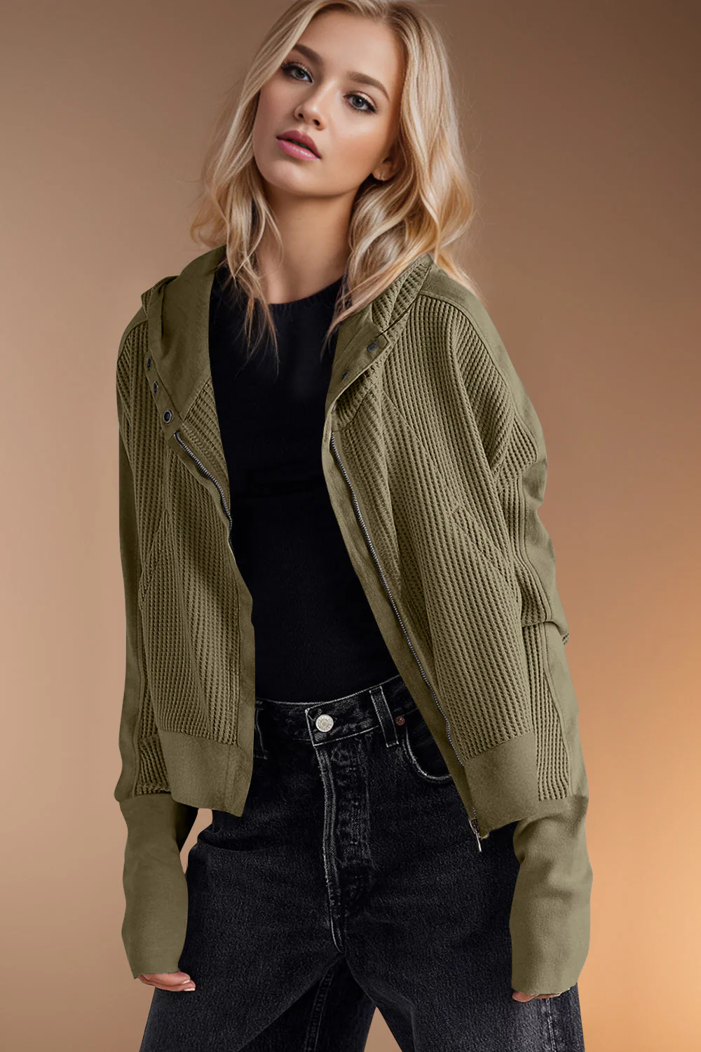 Elsa | Double Take waffle knit long sleeve zip hoodie - Image 3