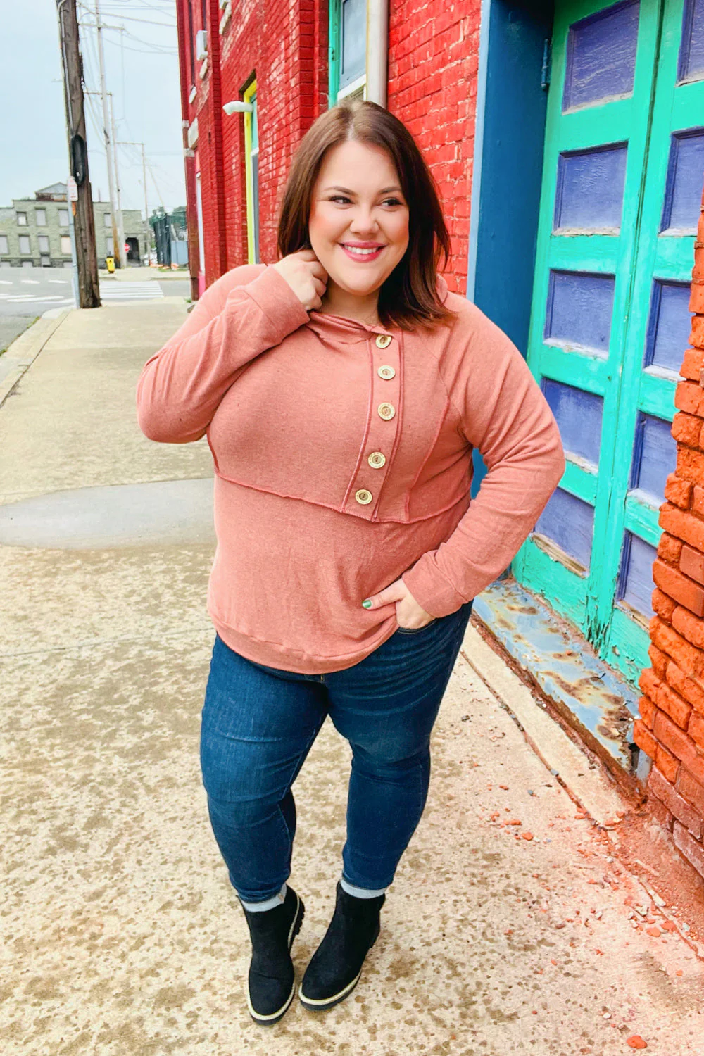 Elsa | Rust colored princess hoodie with line-out seam and button placket - Image 19