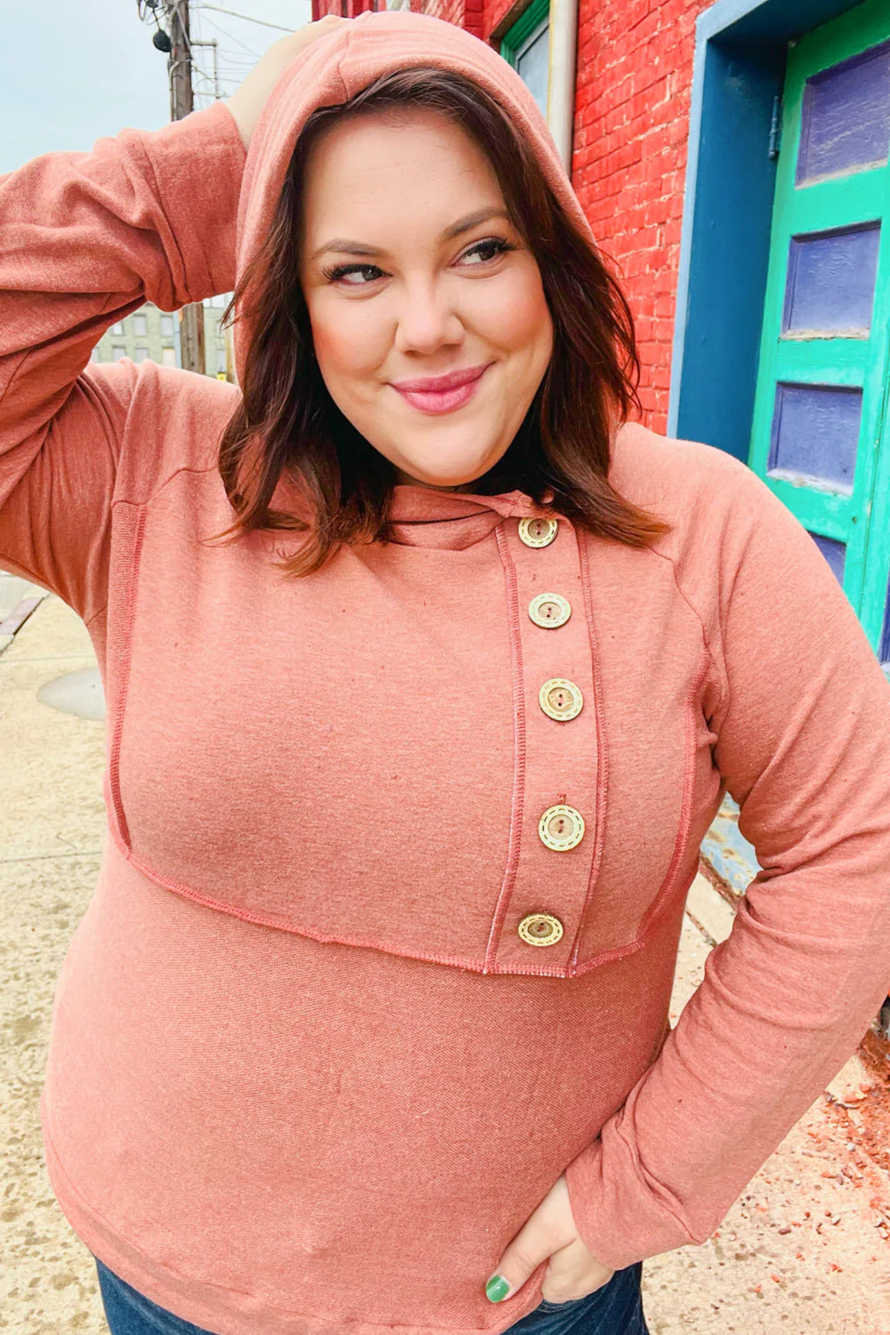 Elsa | Rust colored princess hoodie with line-out seam and button placket - Image 20