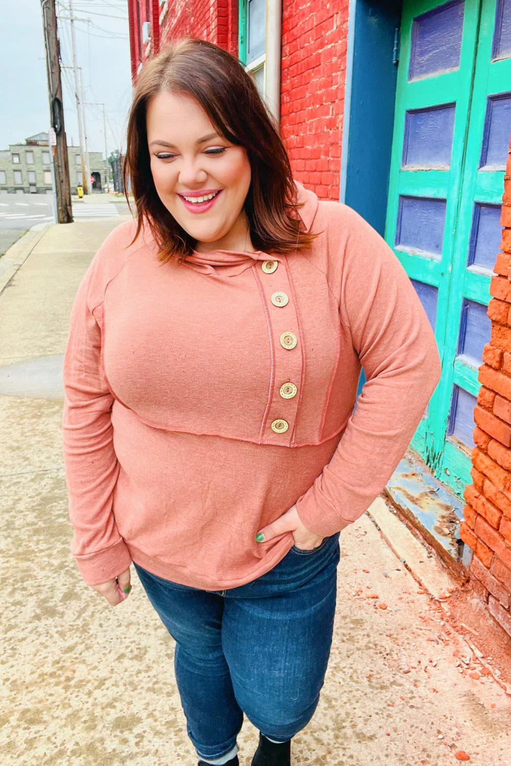 Elsa | Rust colored princess hoodie with line-out seam and button placket - Image 6