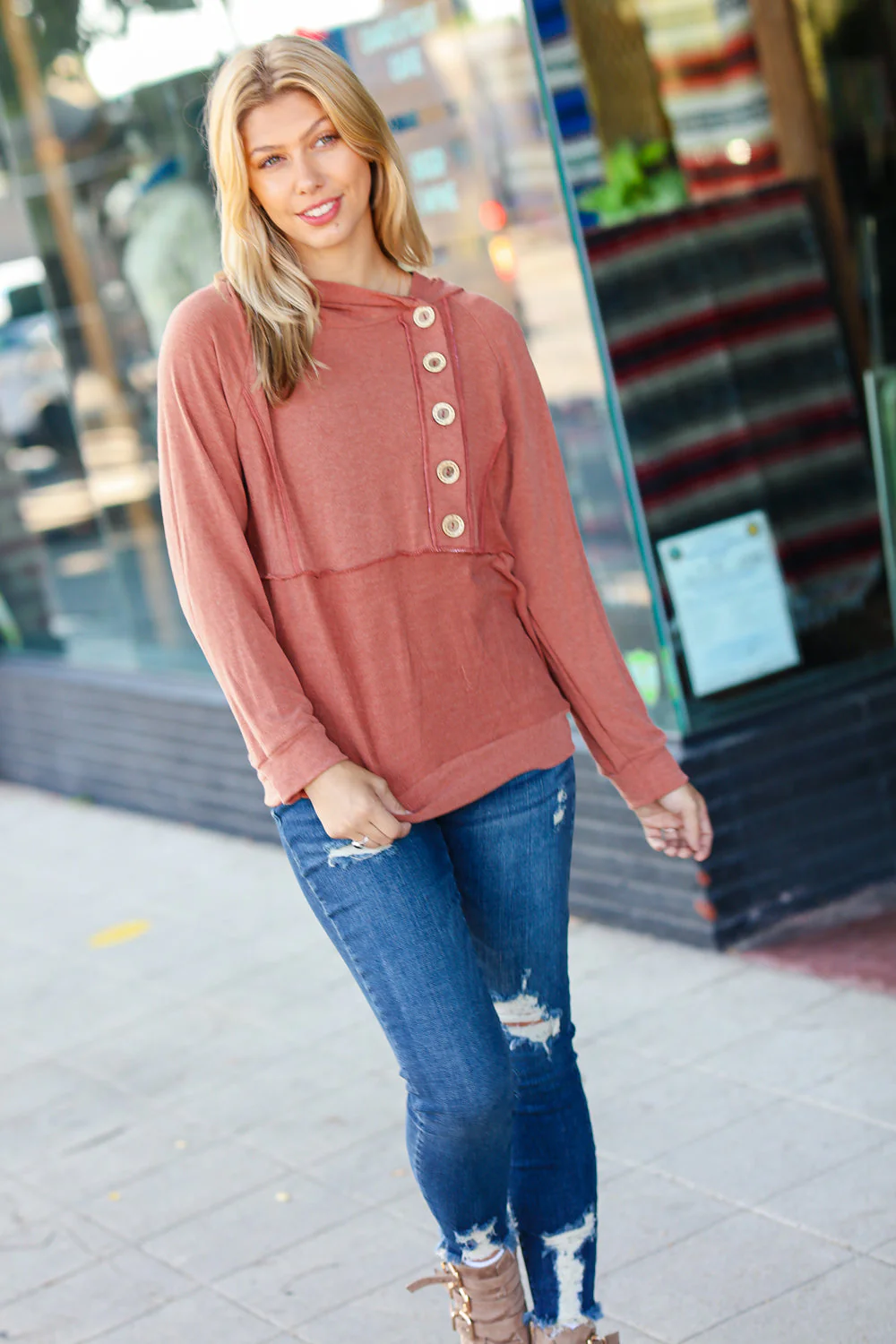 Elsa | Rust colored princess hoodie with line-out seam and button placket - Image 7