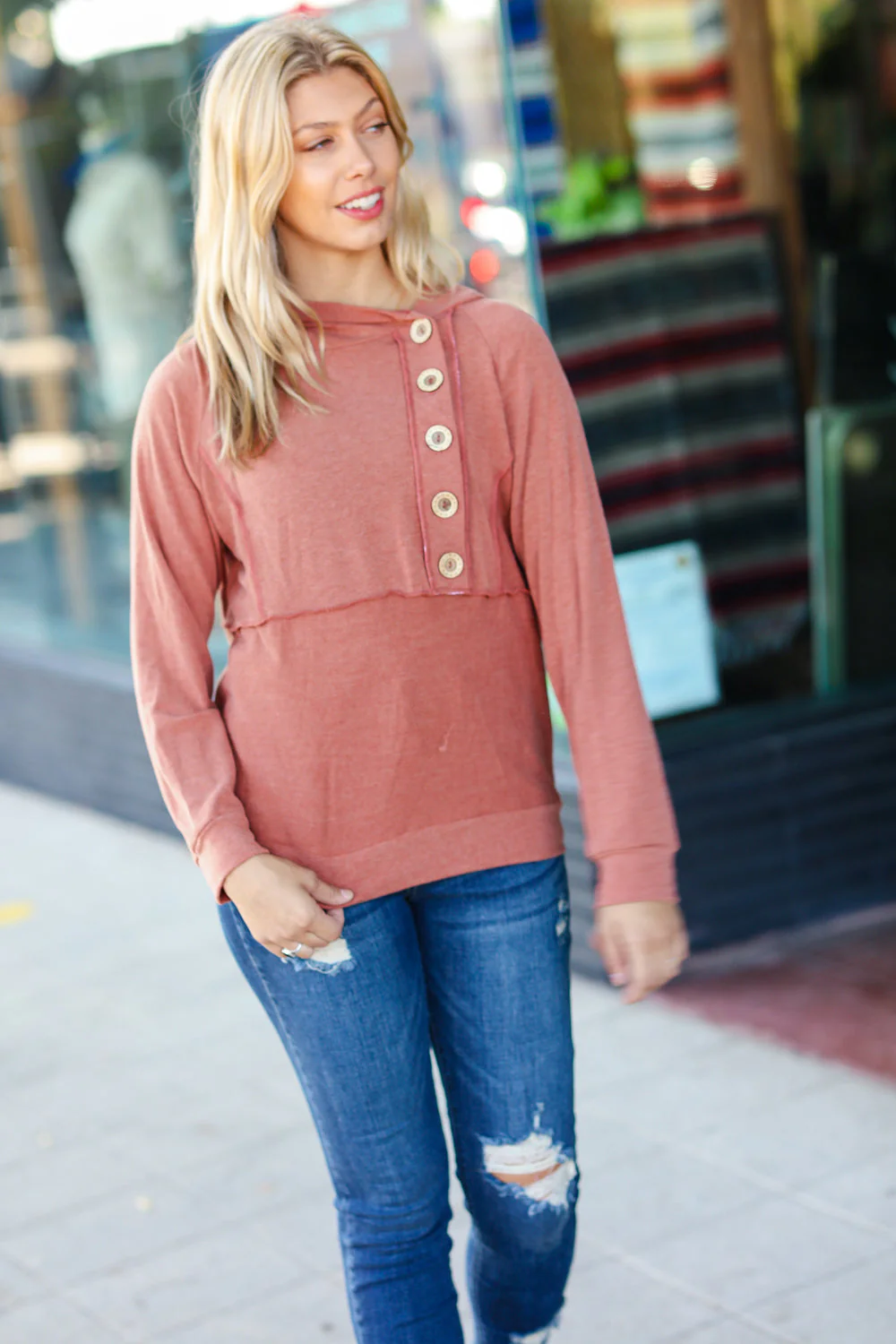 Elsa | Rust colored princess hoodie with line-out seam and button placket - Image 8