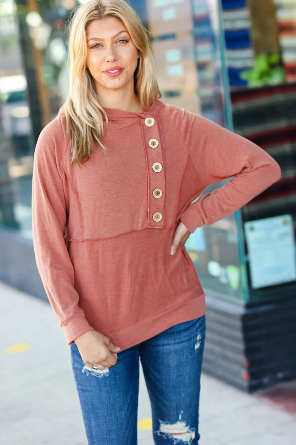 Elsa | Rust colored princess hoodie with line-out seam and button placket - Image 9