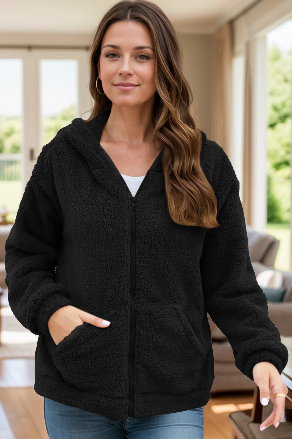 Elvira | Long sleeve outerwear with a fluffy hood and zip fastening - Image 8