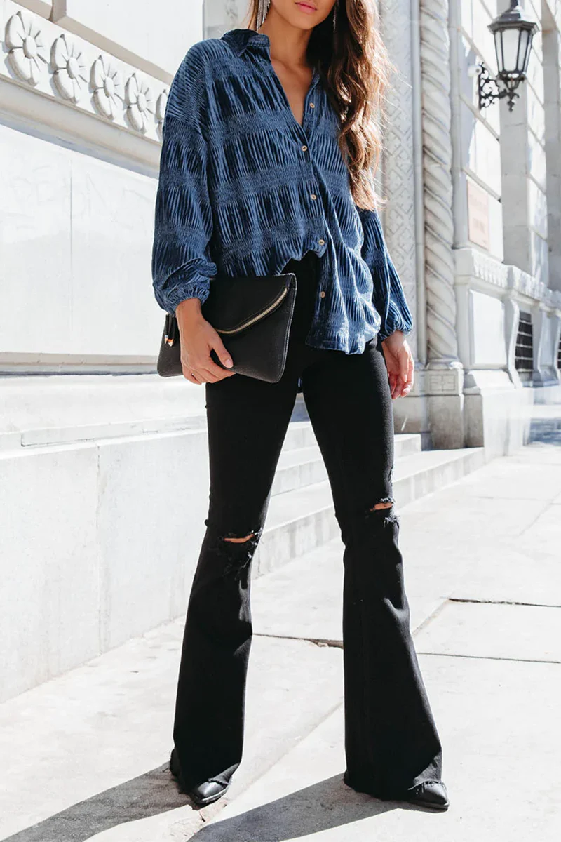 Ema | Casual, solid patchwork tops with a turn-down collar - Image 3