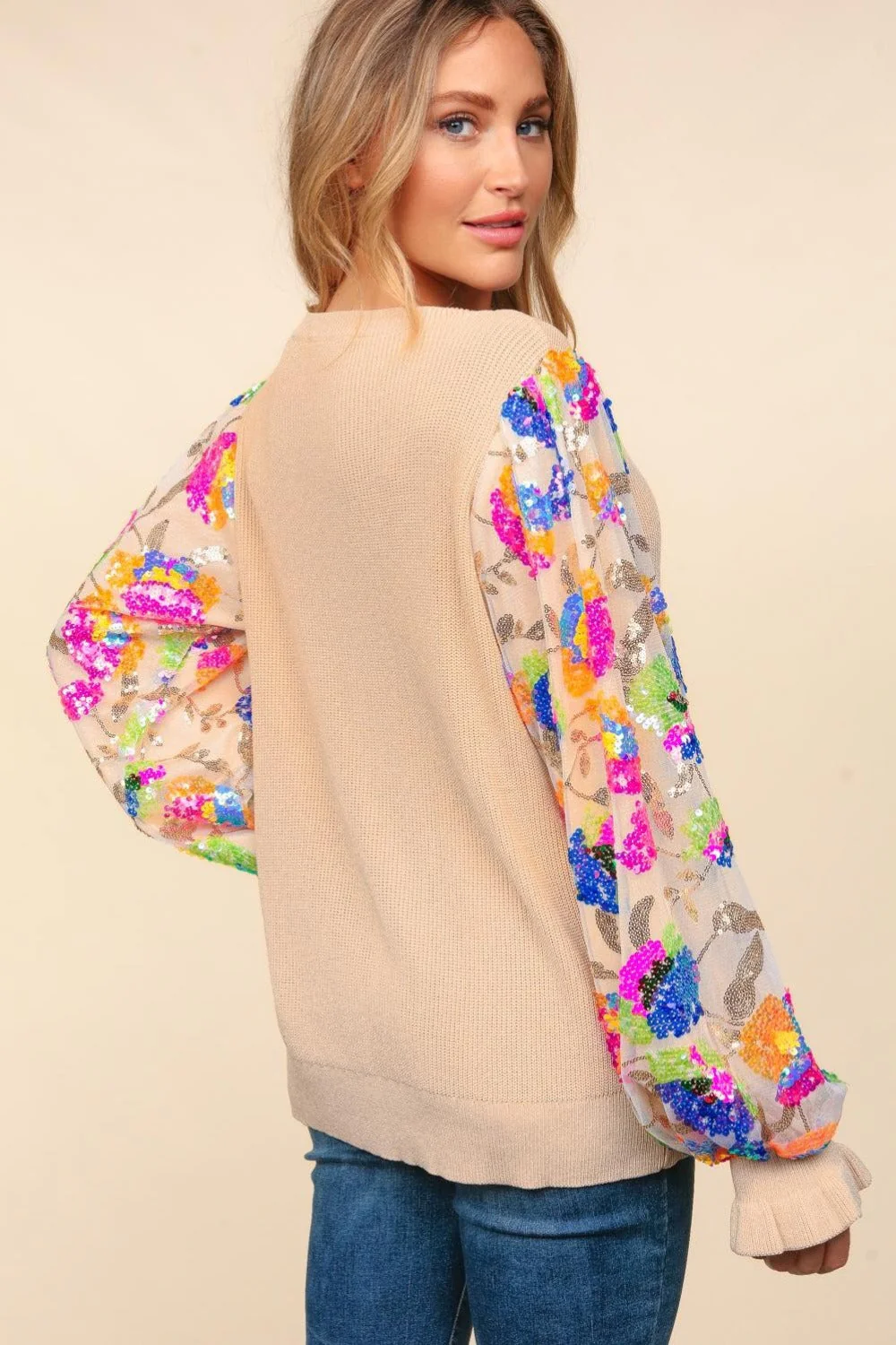 Emilia | Haptics sweater with floral sequins, mesh fabric and flounced sleeves - Image 2