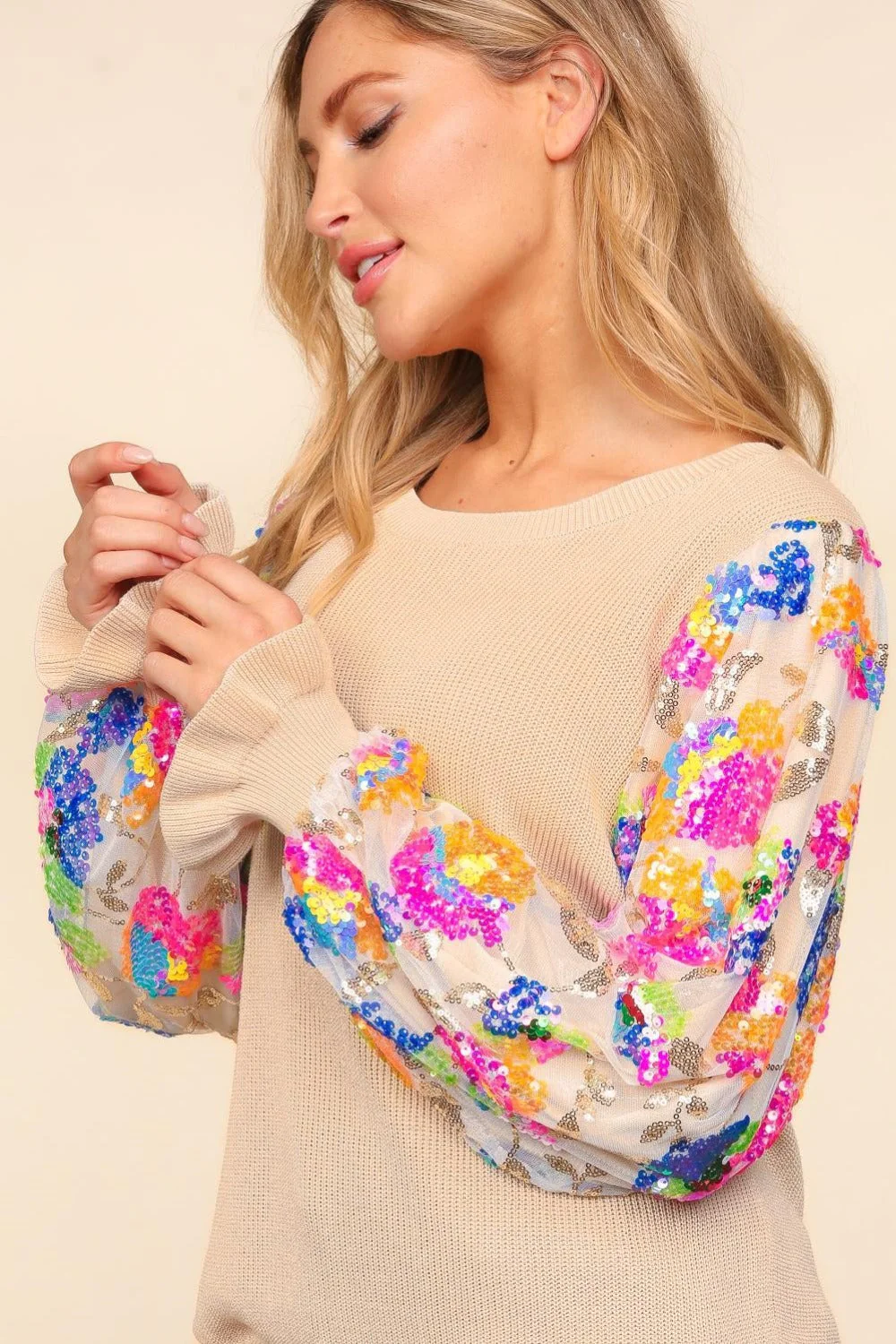 Emilia | Haptics sweater with floral sequins, mesh fabric and flounced sleeves - Image 5