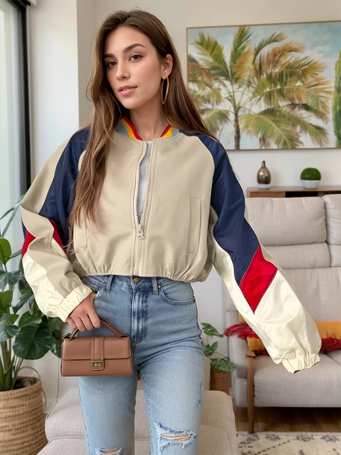 Emma | Long sleeve jacket with a contrasting baseball collar and zip fastening