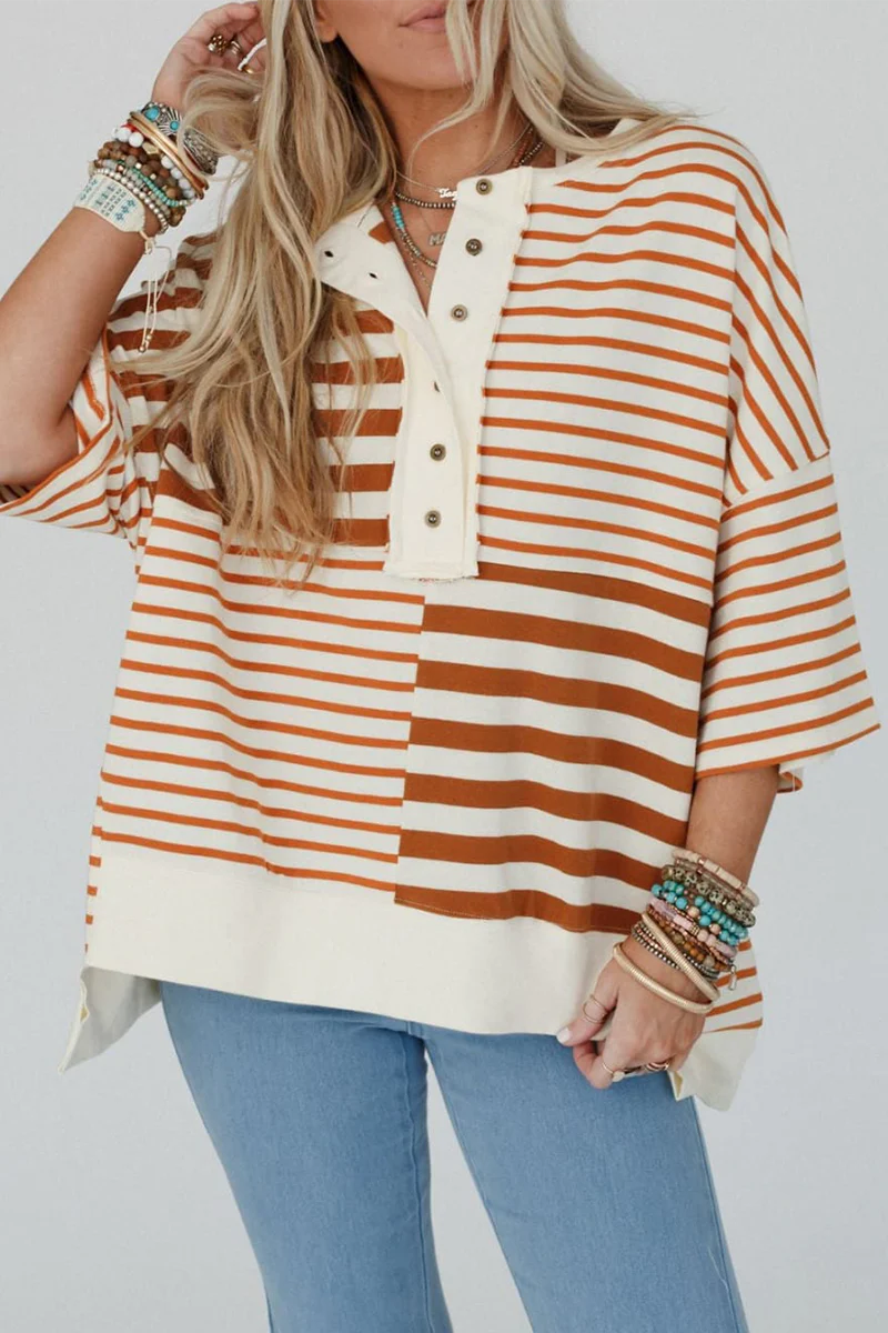 Emmy | Casual stripe buttons patchwork contrast o-neck t-shirts - Image 5