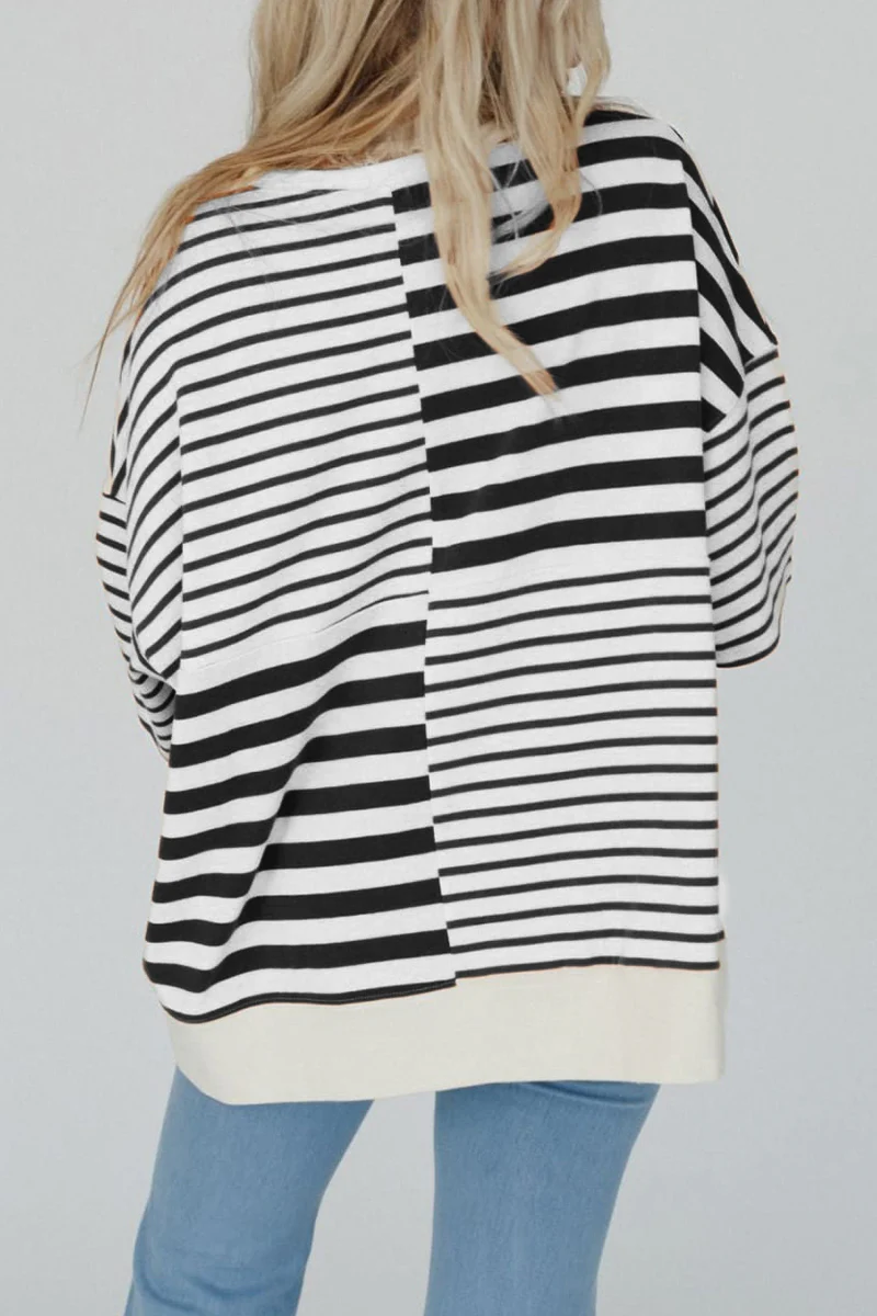 Emmy | Casual stripe buttons patchwork contrast o-neck t-shirts - Image 6