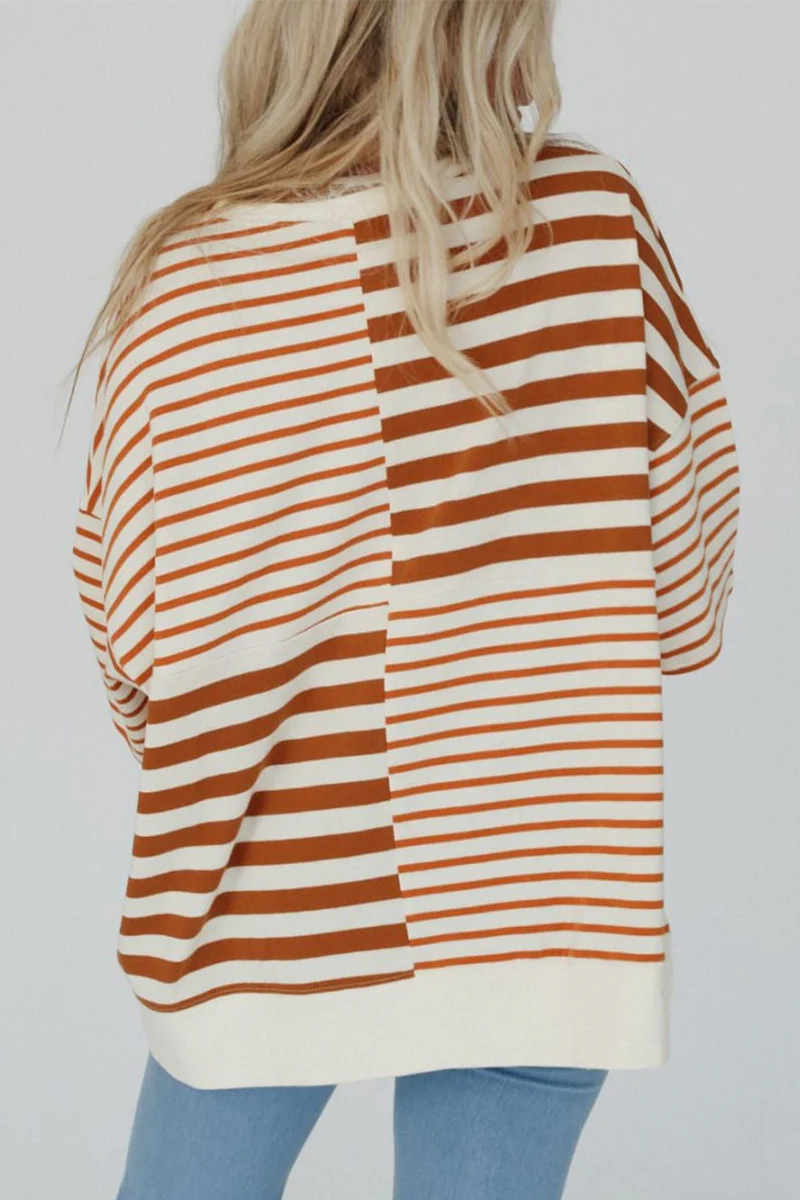 Emmy | Casual stripe buttons patchwork contrast o-neck t-shirts - Image 7