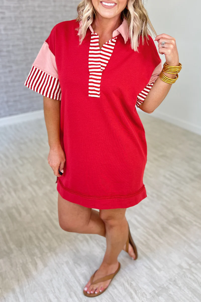 Encarni | Casual striped pocket patchwork turn-down collar short sleeve short dress - Image 12