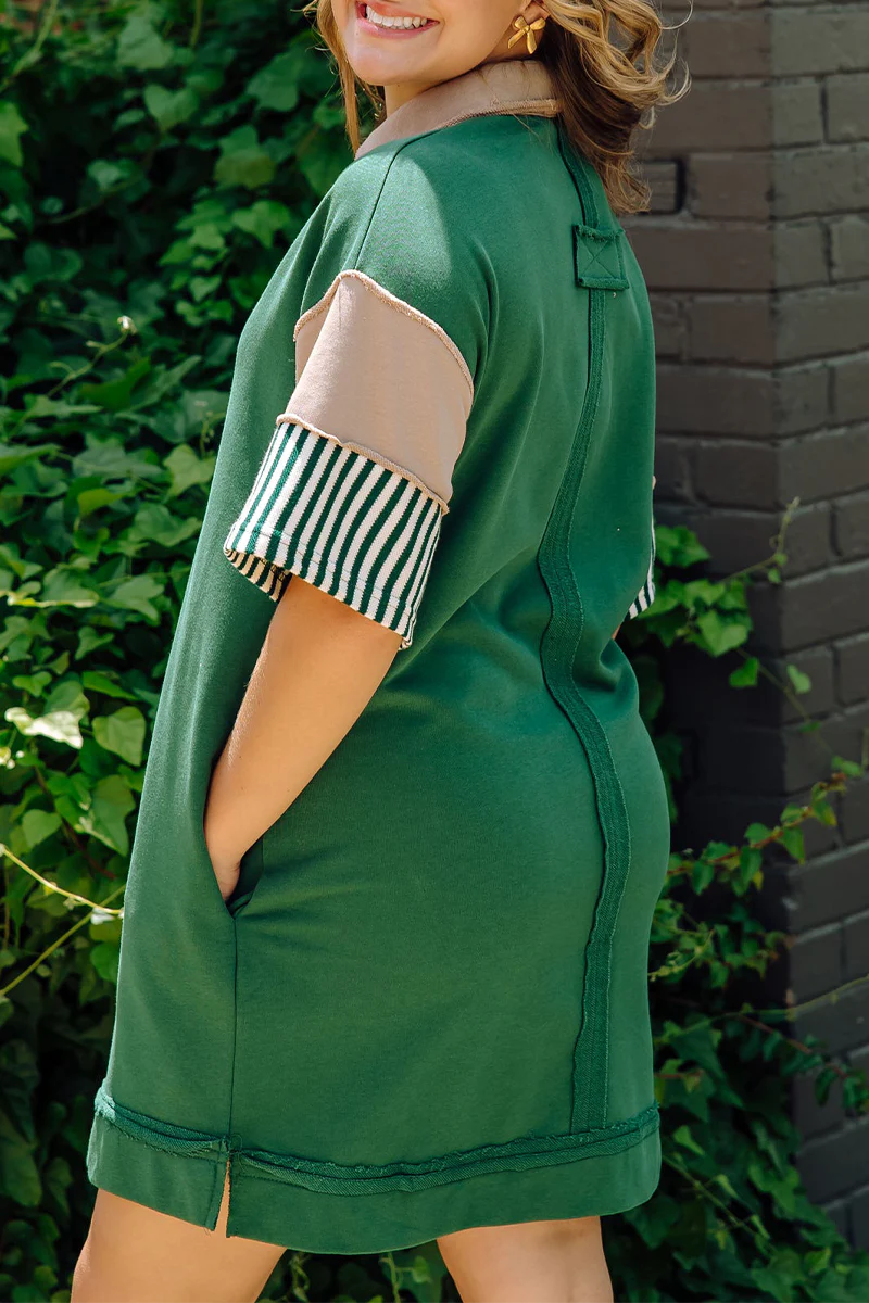 Encarni | Casual striped pocket patchwork turn-down collar short sleeve short dress - Image 13
