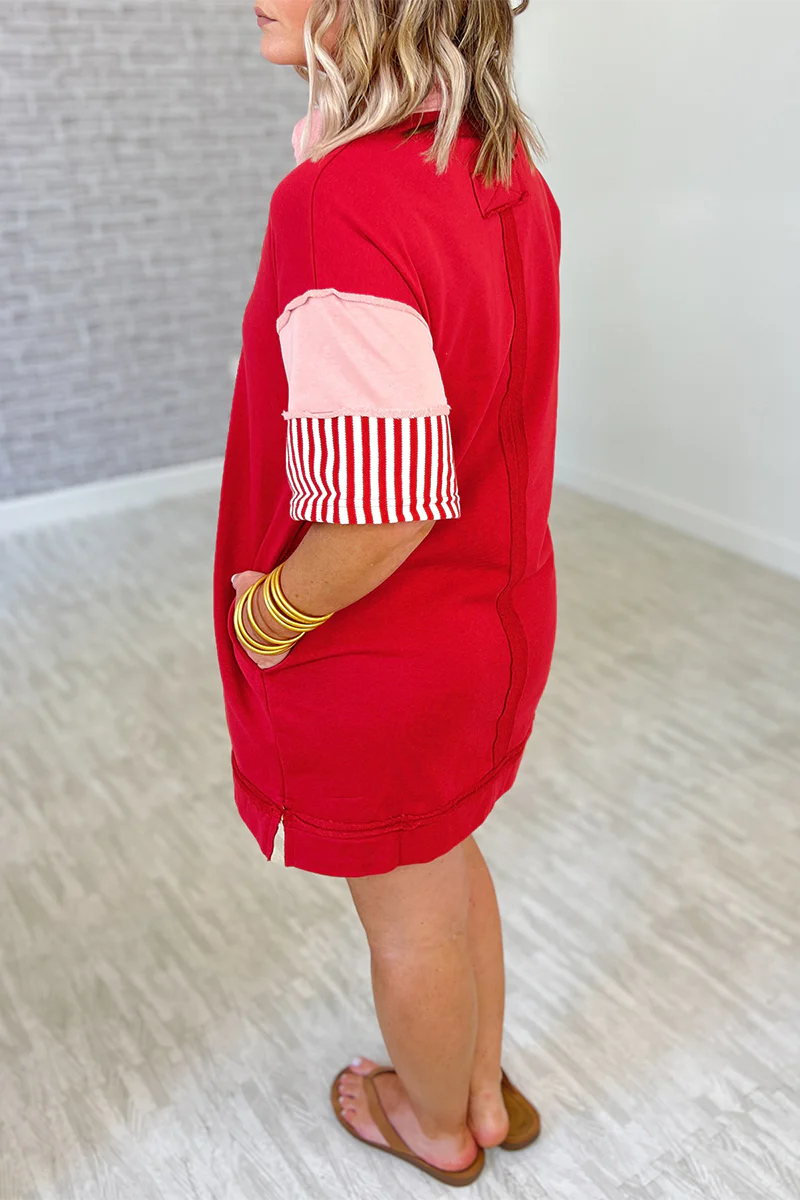 Encarni | Casual striped pocket patchwork turn-down collar short sleeve short dress - Image 14