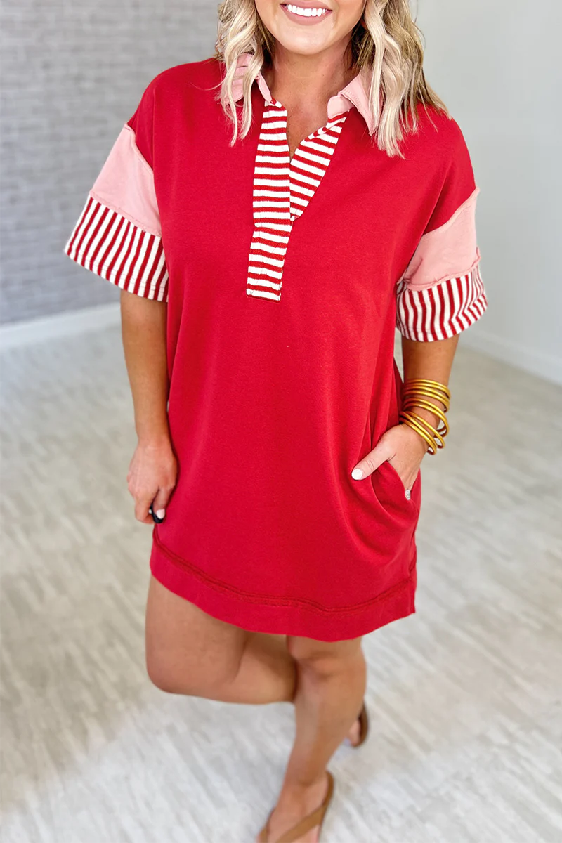 Encarni | Casual striped pocket patchwork turn-down collar short sleeve short dress - Image 16