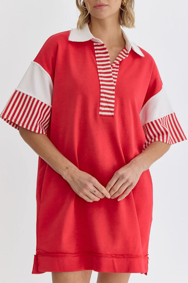 Encarni | Casual striped pocket patchwork turn-down collar short sleeve short dress - Image 17