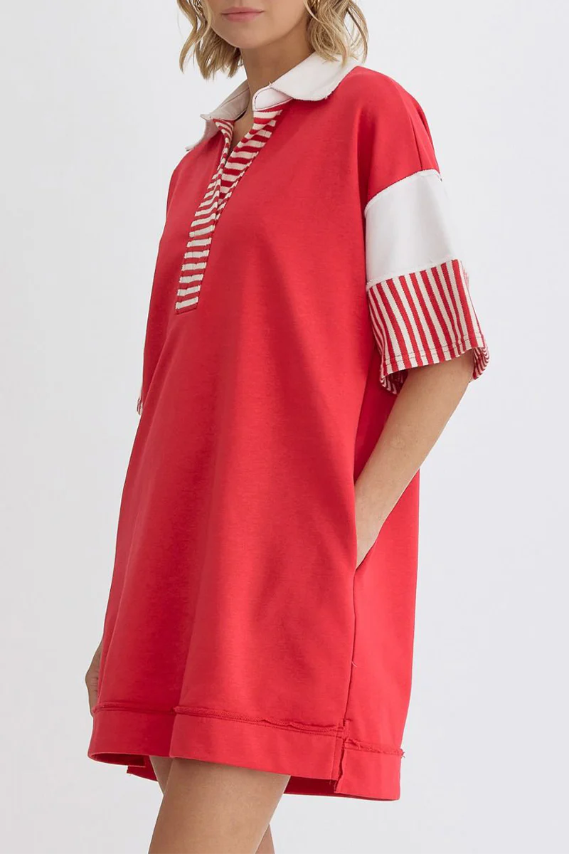 Encarni | Casual striped pocket patchwork turn-down collar short sleeve short dress - Image 18