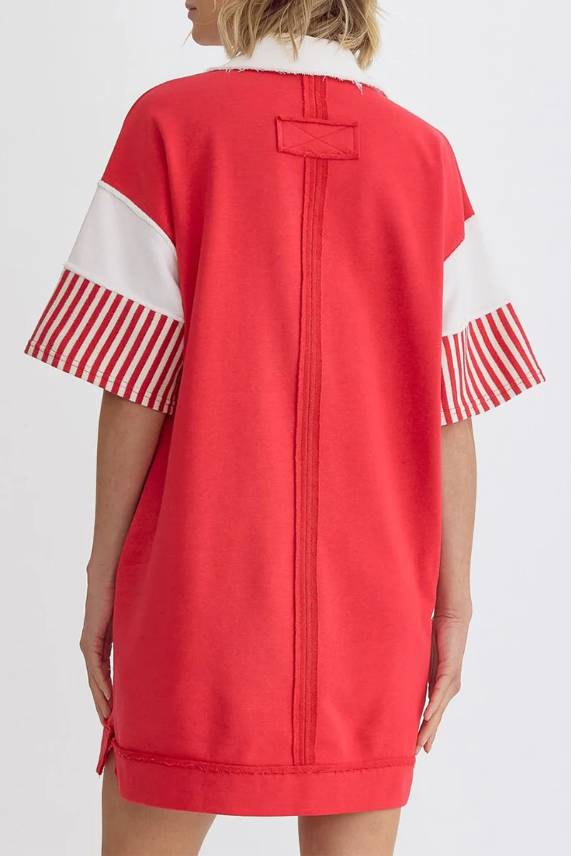 Encarni | Casual striped pocket patchwork turn-down collar short sleeve short dress - Image 19