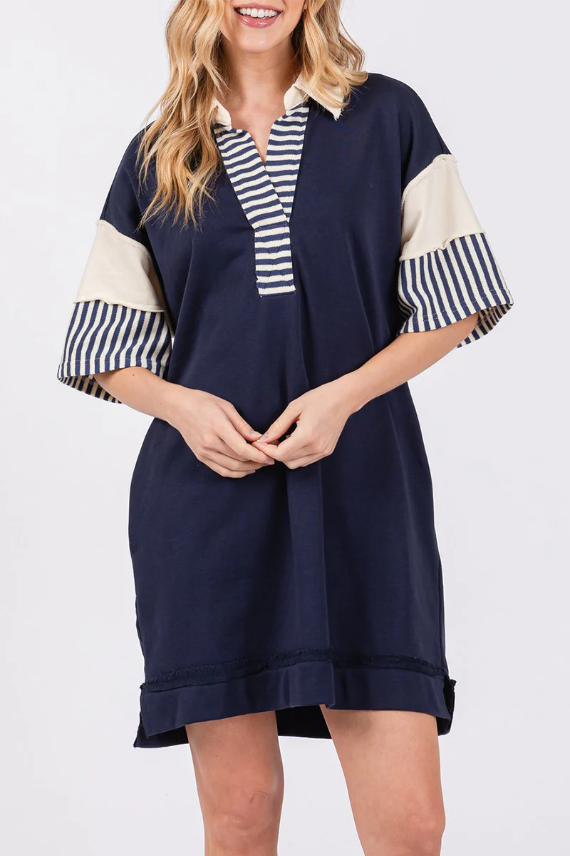 Encarni | Casual striped pocket patchwork turn-down collar short sleeve short dress - Image 2