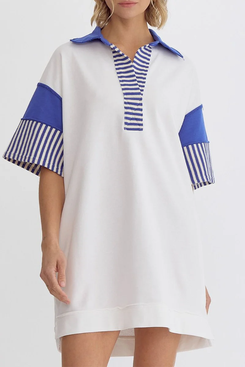 Encarni | Casual striped pocket patchwork turn-down collar short sleeve short dress - Image 5