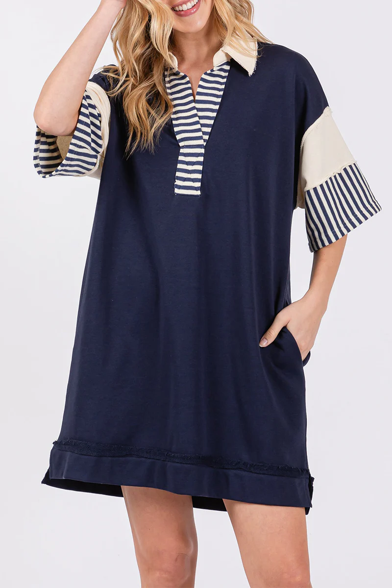 Encarni | Casual striped pocket patchwork turn-down collar short sleeve short dress - Image 8