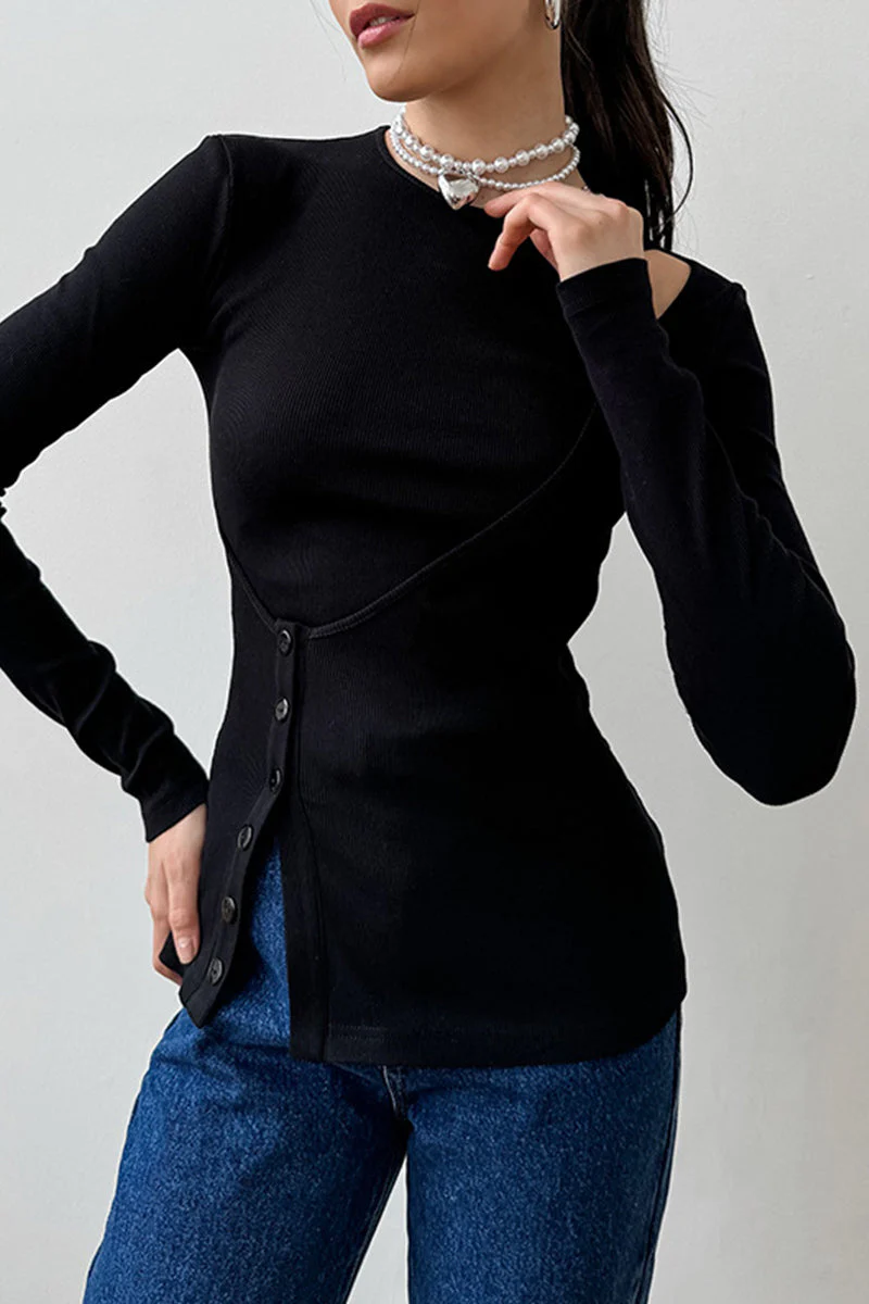 Enid | Casual tops with plain buttons and irregular O-neck - Image 4