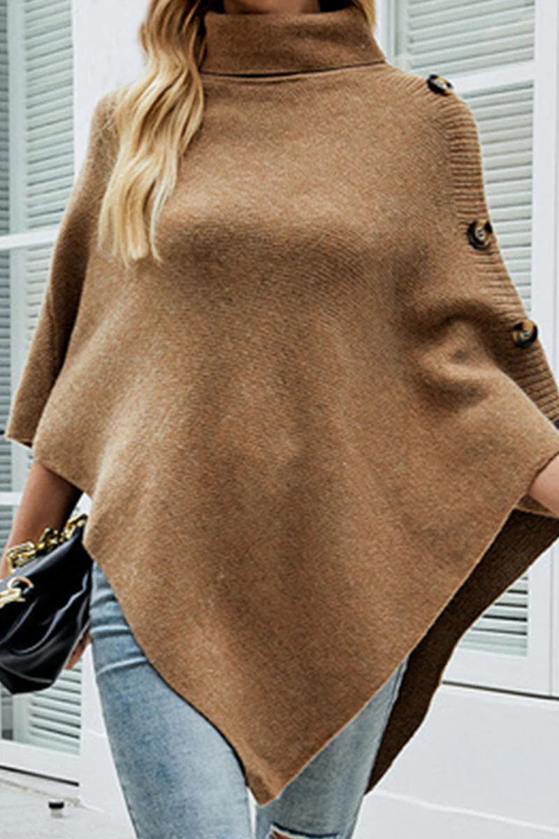 Erika | Casual solid color asymmetrical turtleneck outerwear with patchwork buttons - Image 2