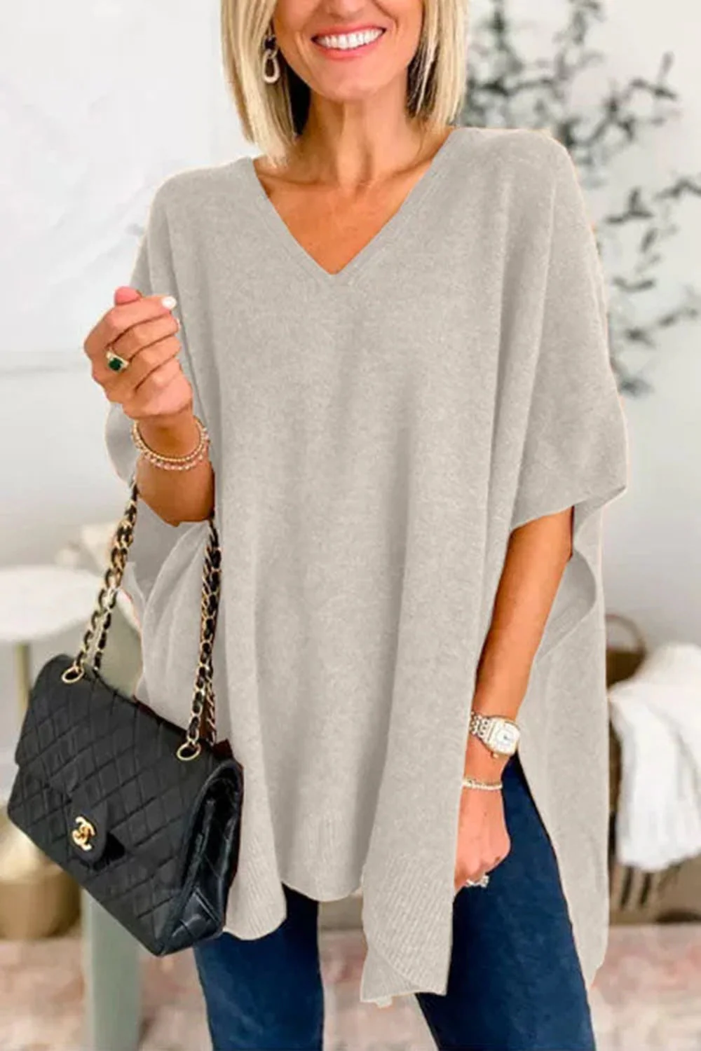 Erika | Slit knit top with V-neck and half sleeves - Image 10