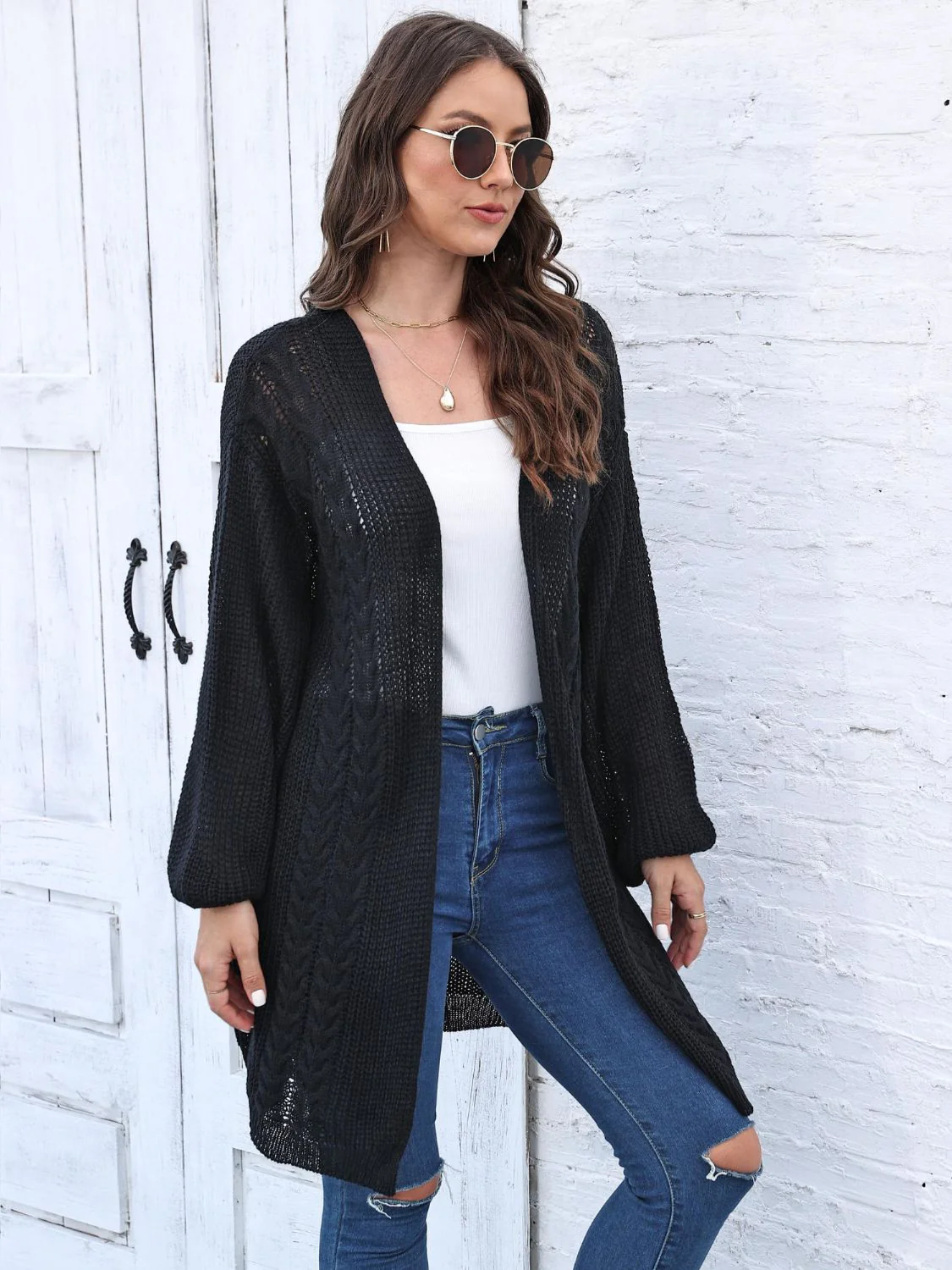 Estela | Cable knit cardigan with open front and long sleeves - Image 3