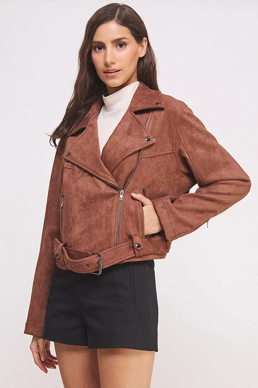 Ester | PLUS LONG SLEEVE SUEDE MOTOR JACKET WITH BELT AND ZIPPER - Image 13