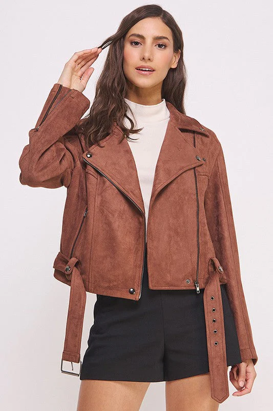 Ester | PLUS LONG SLEEVE SUEDE MOTOR JACKET WITH BELT AND ZIPPER - Image 17
