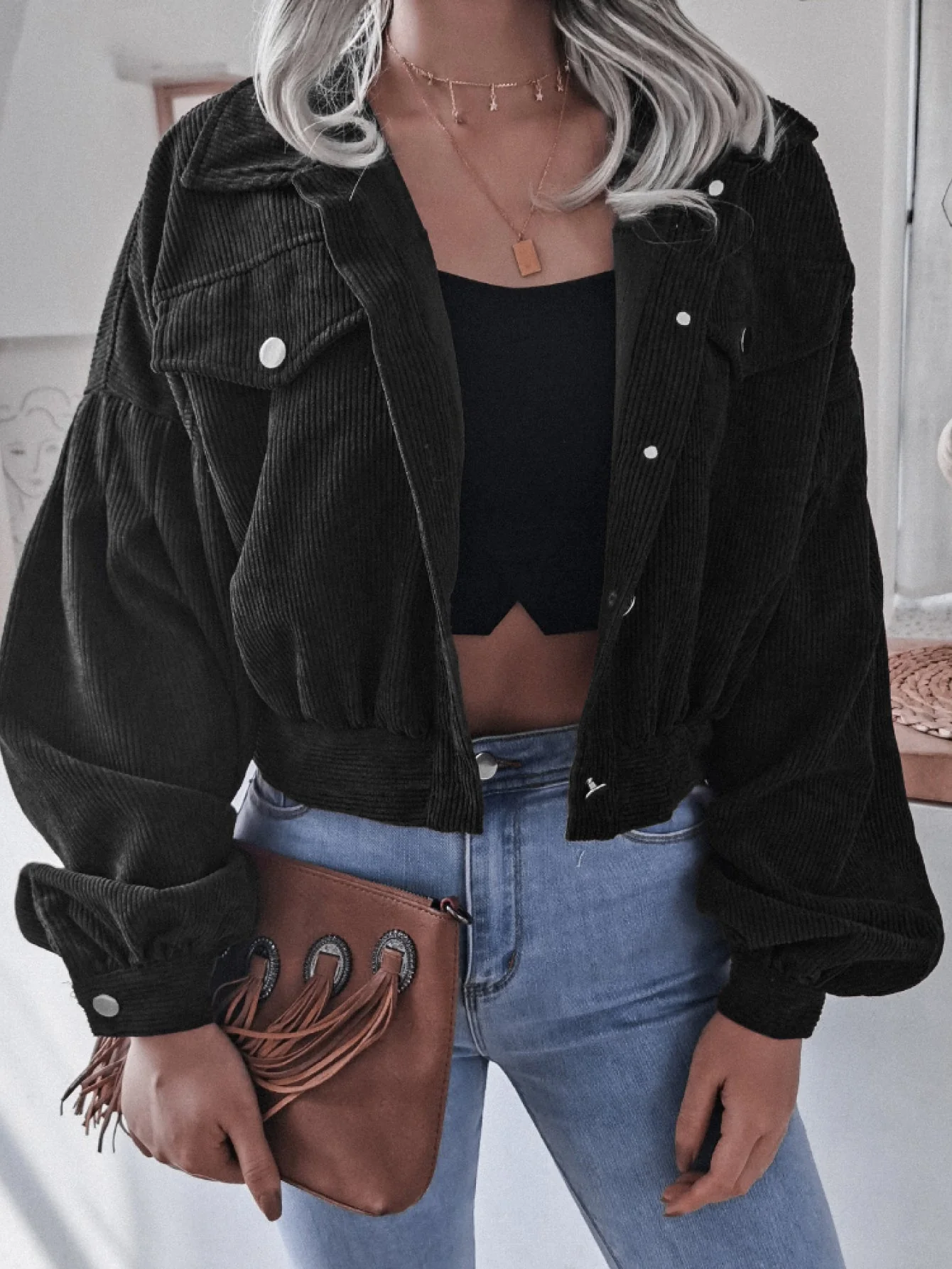 Esther | Cropped corduroy jacket with lantern sleeves